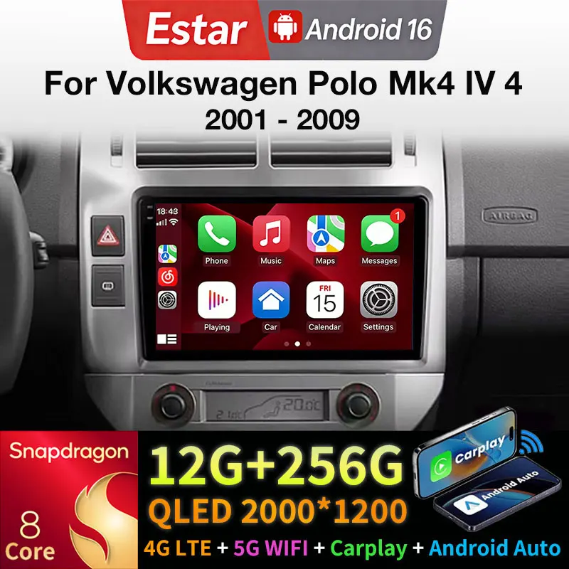 Android 16 Car Radio For Volkswagen Polo Mk4 IV 4 2001 - 2009 GPS Multimedia Player Navi Head Unit Wireless Stereo Video Carplay
