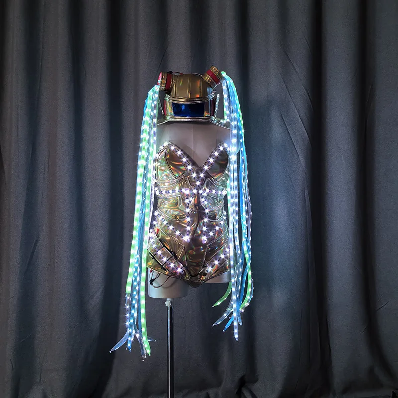 ชุดจั๊มสูทเปลี่ยนสี LED สำหรับผู้หญิง ชุดแฟนซีเรืองแสง ถักเปียยาว สำหรับงานแฟนซี งานแสดงบนเวที ชุดแสดงดีเจในบาร์