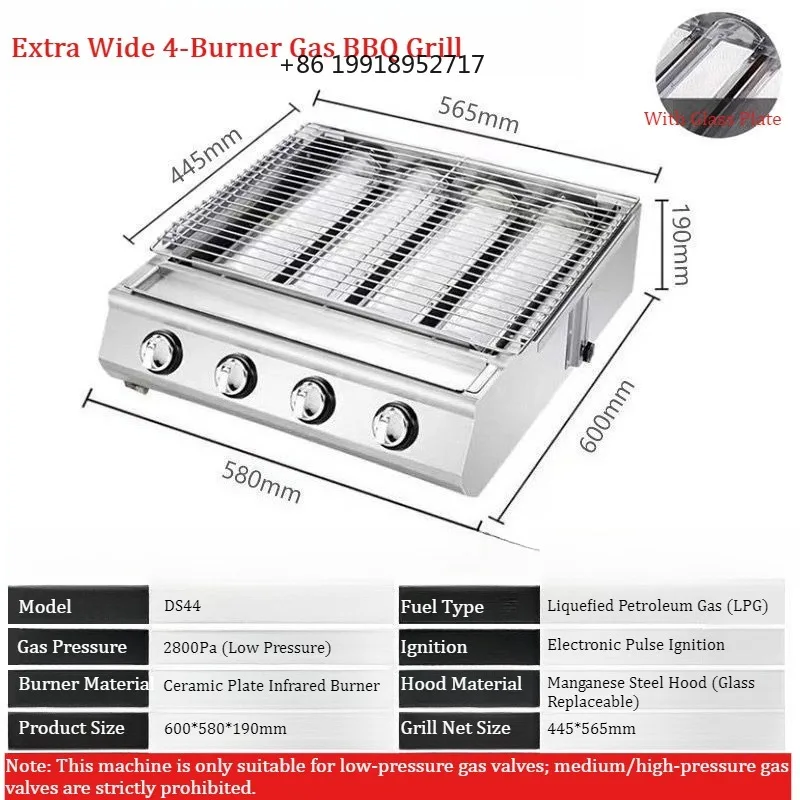 4-Burner Stainless Steel Gas BBQ Grill LPG Portable Commercial Barbecue Grill with Ceramic Infrared Burners