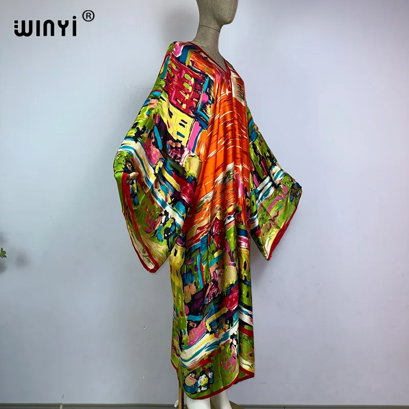 Winyi Nieuwe V-Hals Afrika Mode Vrouwen Sexy Boho Casual Zijde Vintage Print Avond Feest Strand Cover Up Lange Maxi Jurk