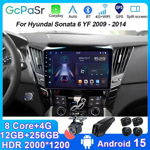 현대 쏘나타 6 YF 2009-2014용 안드로이드 15 카 멀티미디어 플레이어 비디오 플레이어 내비게이션 GPS 오토 라디오 스테레오 카플레이