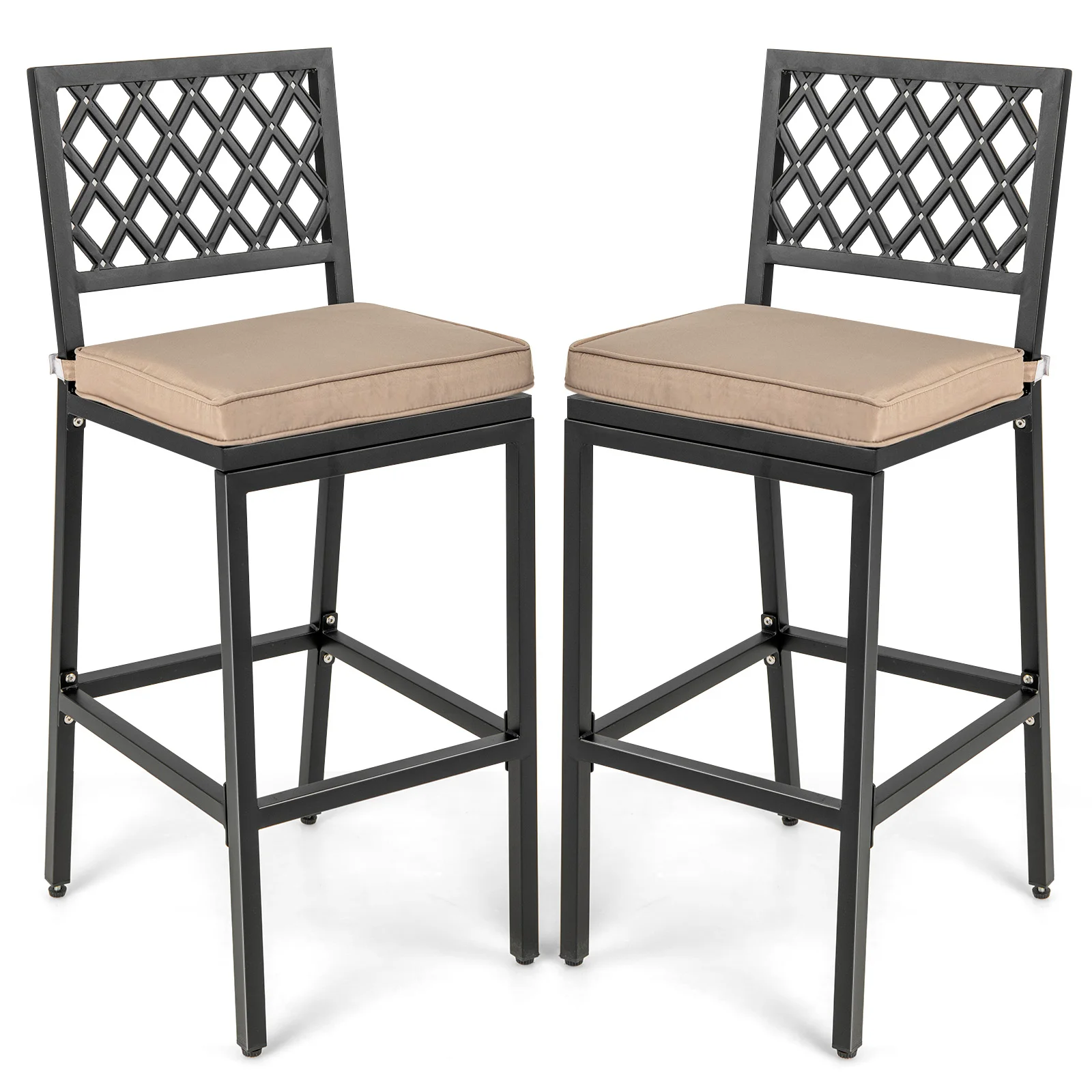 Set of 2 Patio Metal Bar Stools Outdoor Bar Height Dining Chairs w/ Cushion