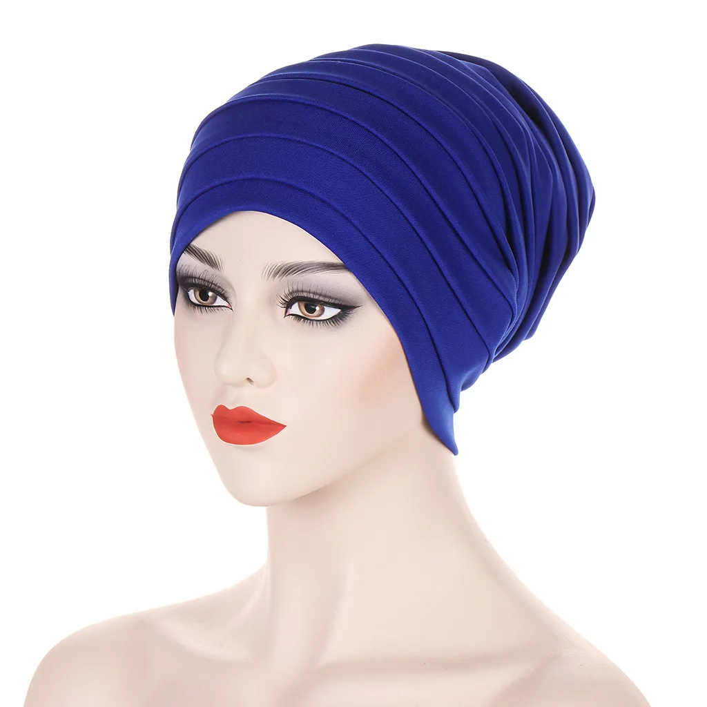 New Candy Color Pleated Turban Cap for Women Ladies Head Wraps Muslim Hijab Bonnets