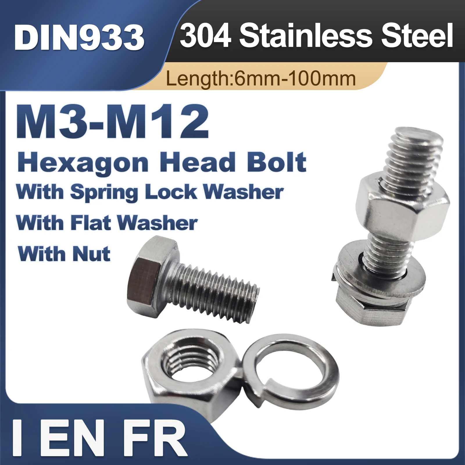 Stainless Steel 304 External Hex Full Thread Cap Screw Bolt 1-20Pcs M3-M12 DIN933 GB5783 Hexagon Head Fastener with Nut Washer