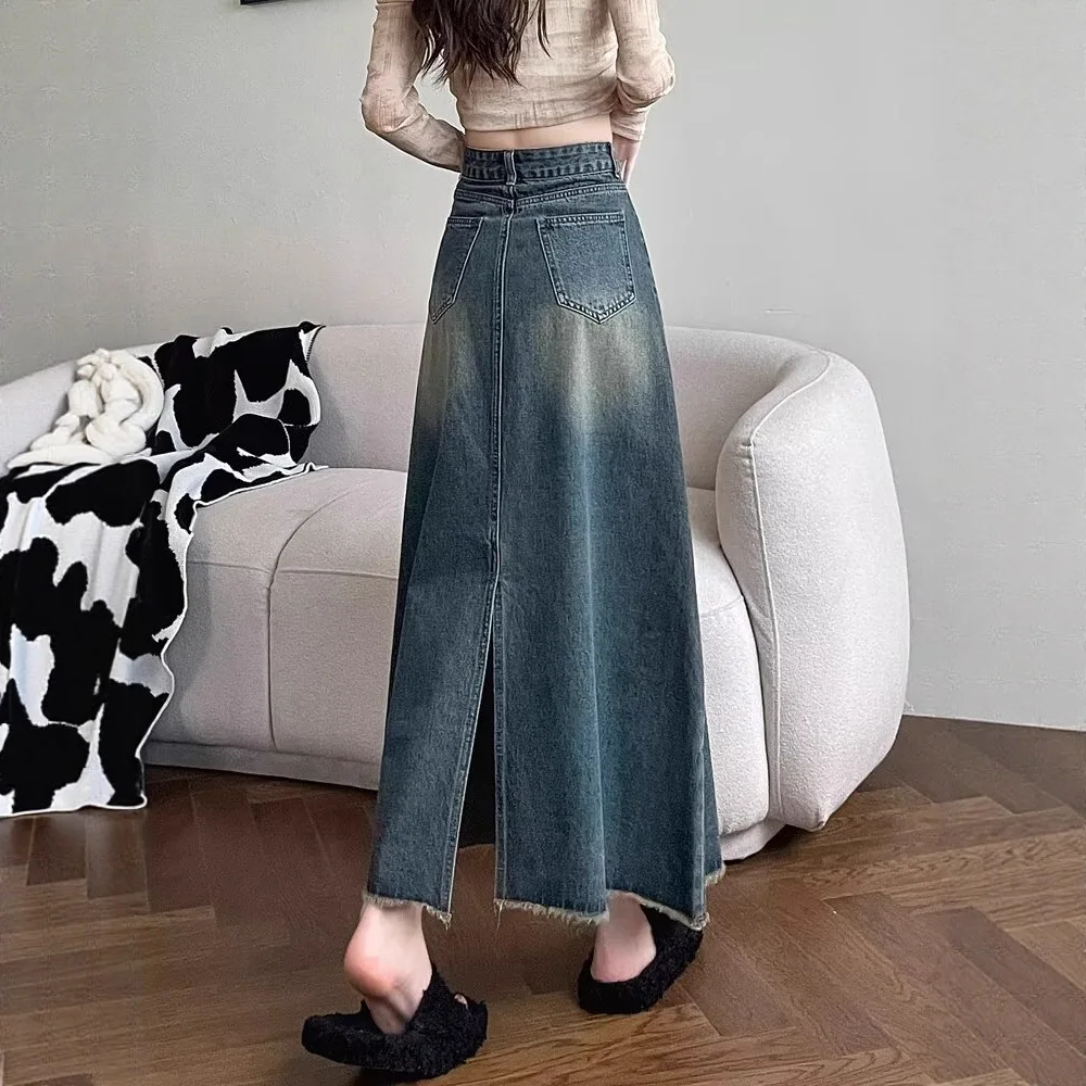 Women Denim Skirts Solid Skirt A Line Button Pocket Ankle Length Zipper Fly Empire Waist None Strech Casual 2026 Spring Summer