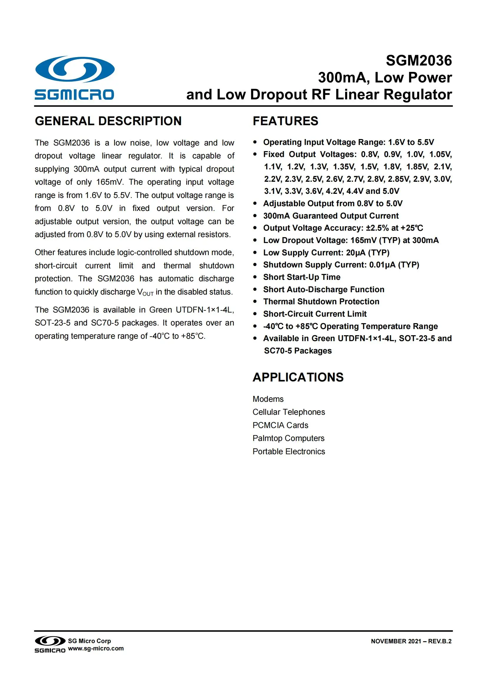 50Pcs/Lot SGM2036-0.8YN5G/TR SOT-23-5,Fixed output voltage 0.8V, 300mA,Low Power and Low Dropout RF Linear Regulator IC