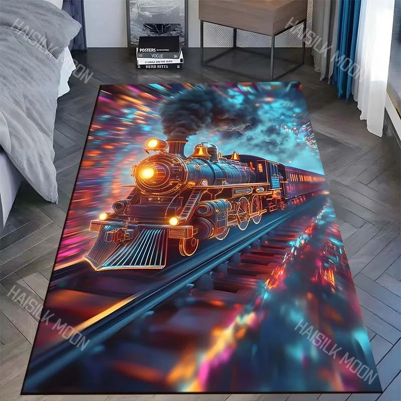 1PC Cyberpunk neon steam locomotive racing through tunnel Carpet for Living Room Bedroom Sofa Home Decor Rus Non-slip Floor Mat