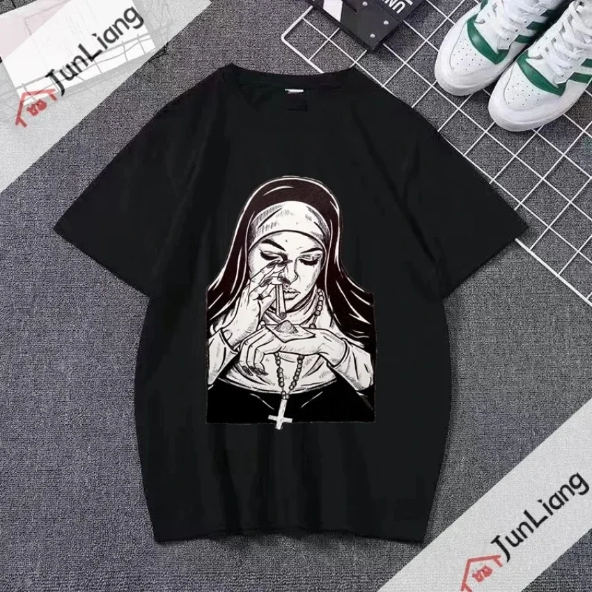 YZLDS T Shirt for Man Satanic Nun Tattoos Unholy Y2k Style Graphic T-shirt Nun Satan Vintage Luxury Summer Men's Clothing