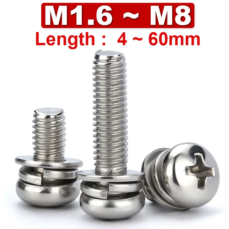 3 In1 Round Head Phillips Machine Screw with Washer/spring Washer 304 Stainless Steel Pan Head Screw Combination M1.6M2M2.5M3~M8