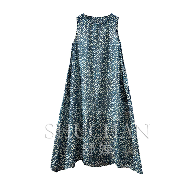 

New Ark High-count Ramie Fruit Enzyme Wash Printing Sleeveless Crew Neck Vest Dress Women 69A1