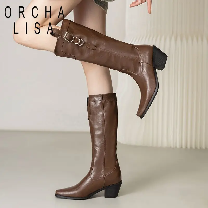 

ORCHA LISA Горячие женские сапоги до середины икры с квадратным носком 6 см, толстые каблуки, слипоны с пряжкой на ремне, большой размер 45 46, нескользящие повседневные зимние ботинки