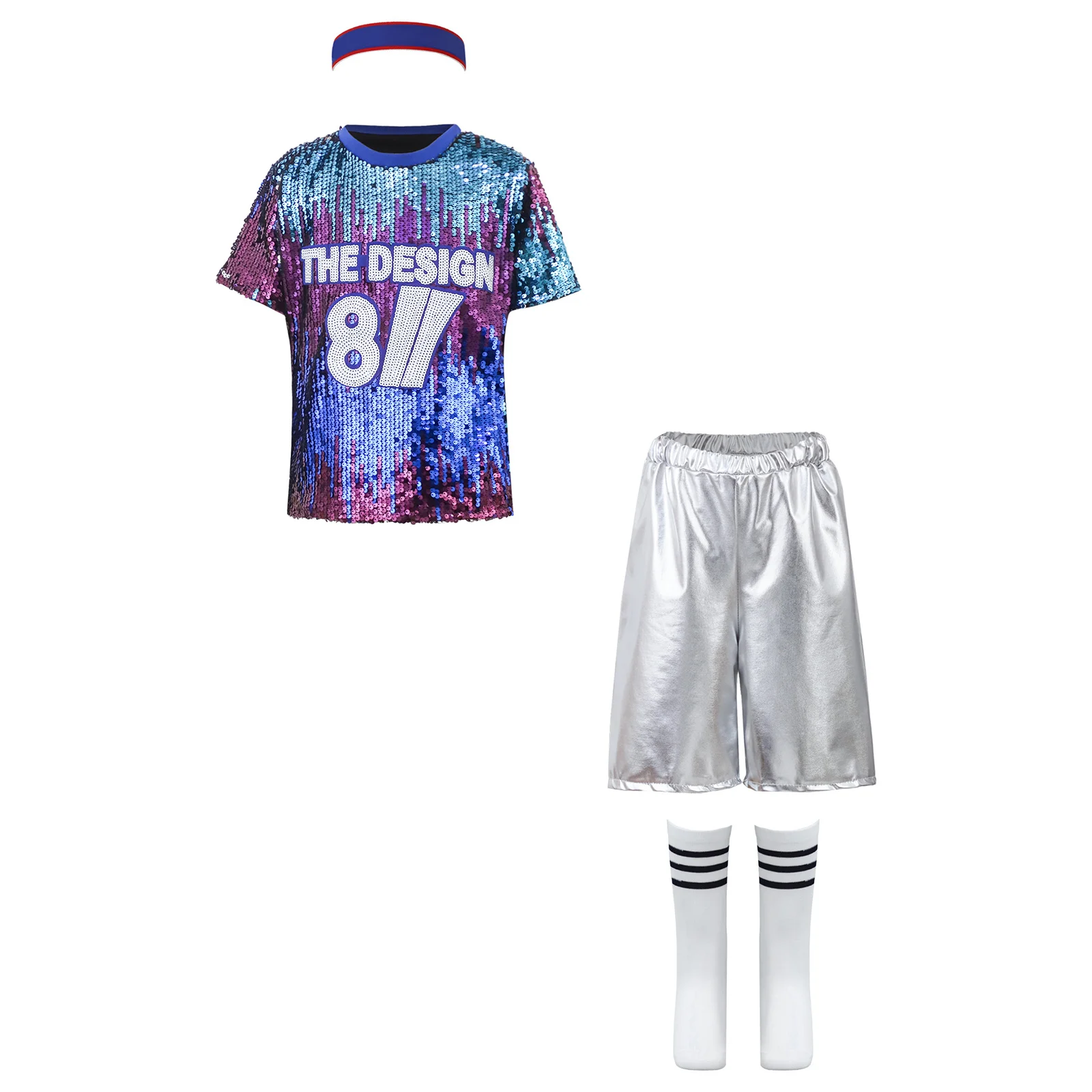 

Kids Cheer Leading Performance Outfit Sequins Short-sleeve T-shirt and Bottom Costumes Set for Stage Recital Competition Wear