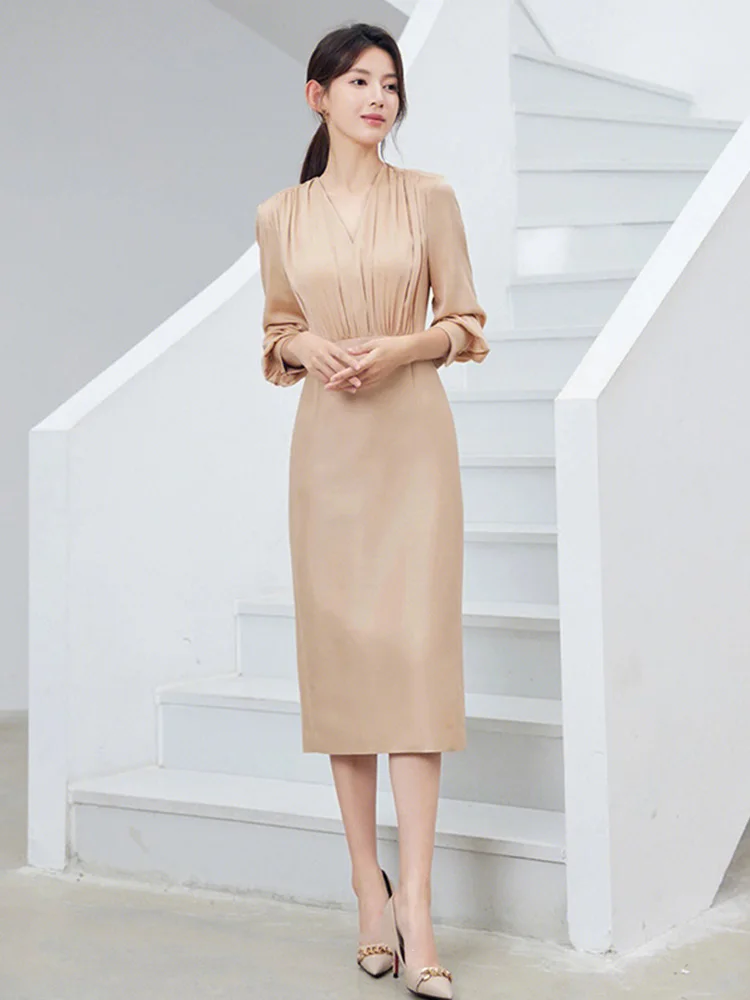 Champagne Colored Dr Elely Simple High Waist A-Line Skirt Long Sve V-Ne Polyester Fiber Office Wear Autumn Season