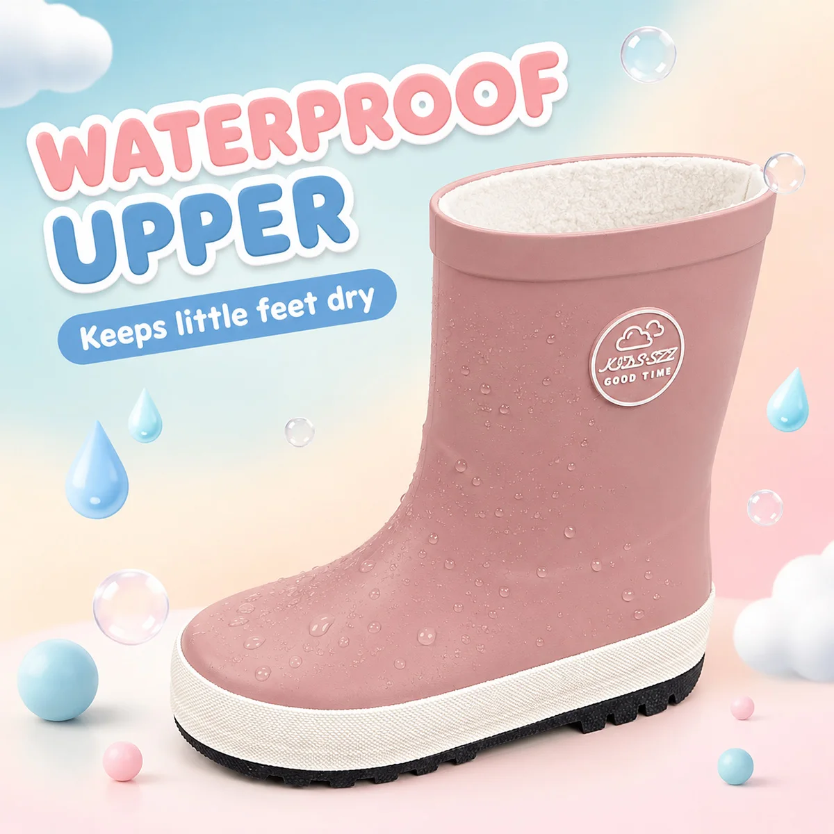 

Natural Rubber Kids Rain Boots With Side Logo Badge Non Slip Thick Sole Waterproof Sweet Simple Children Wellies For Girls Outdoor Water Play