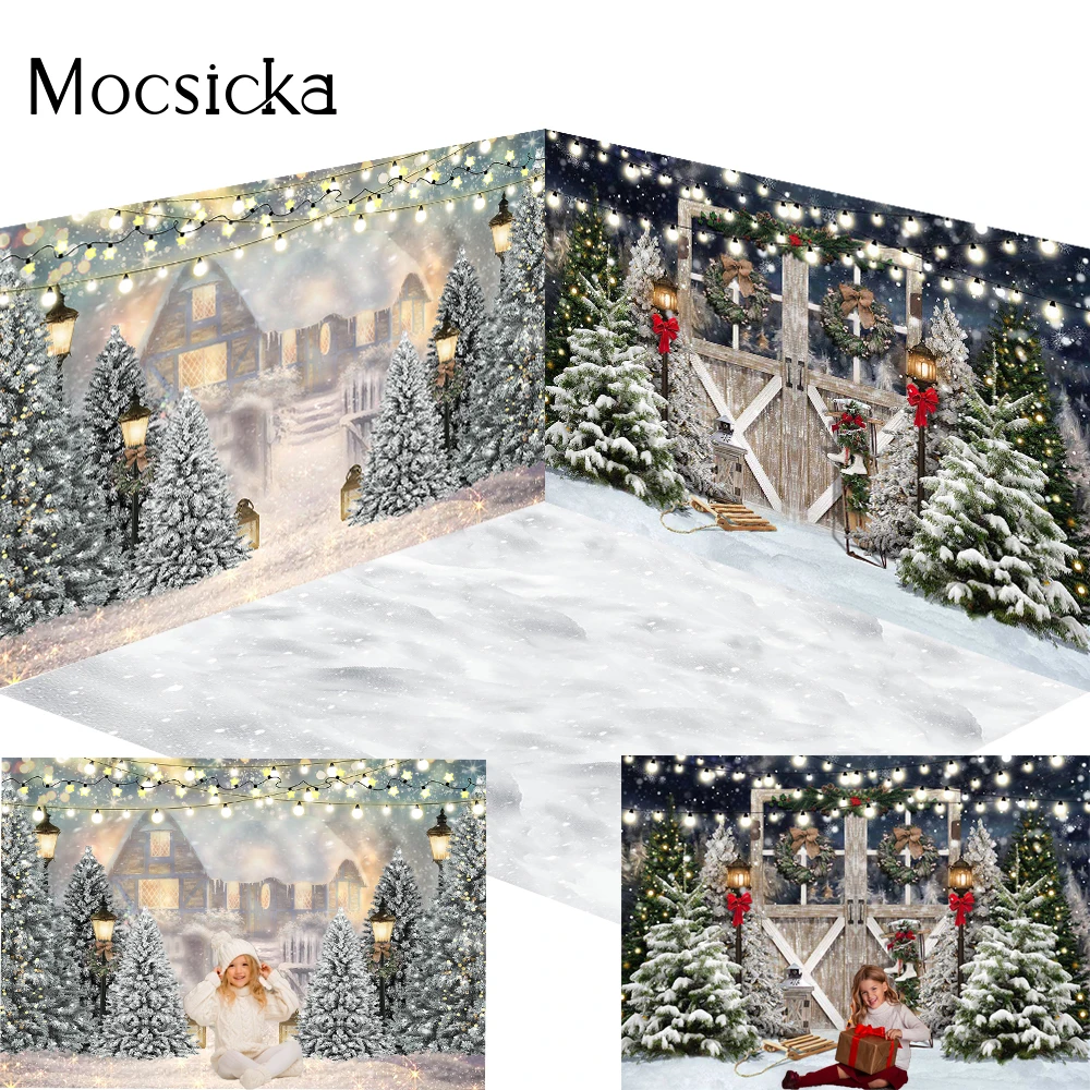 

Christmas Snow Night Home Photography Decoration Background Xmas Tree Lamp Wooden Door House Winter Backdrop Family Baby Photo