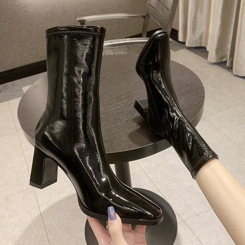 Black Patent Leather High Heels Ankle Boots Women Slip On Square Toe Tight Short Booties Mujer Chic Thick Heel Pu Leather Boots
