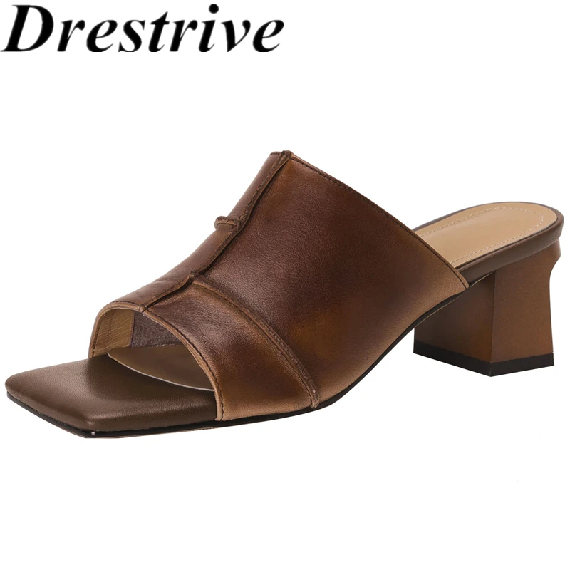 

Drestrive 2026 New Fashion Women's Slippers Cow Leather Square Toe Thick Mid Heels Handmade Summer Shoes Sewing Top Quality