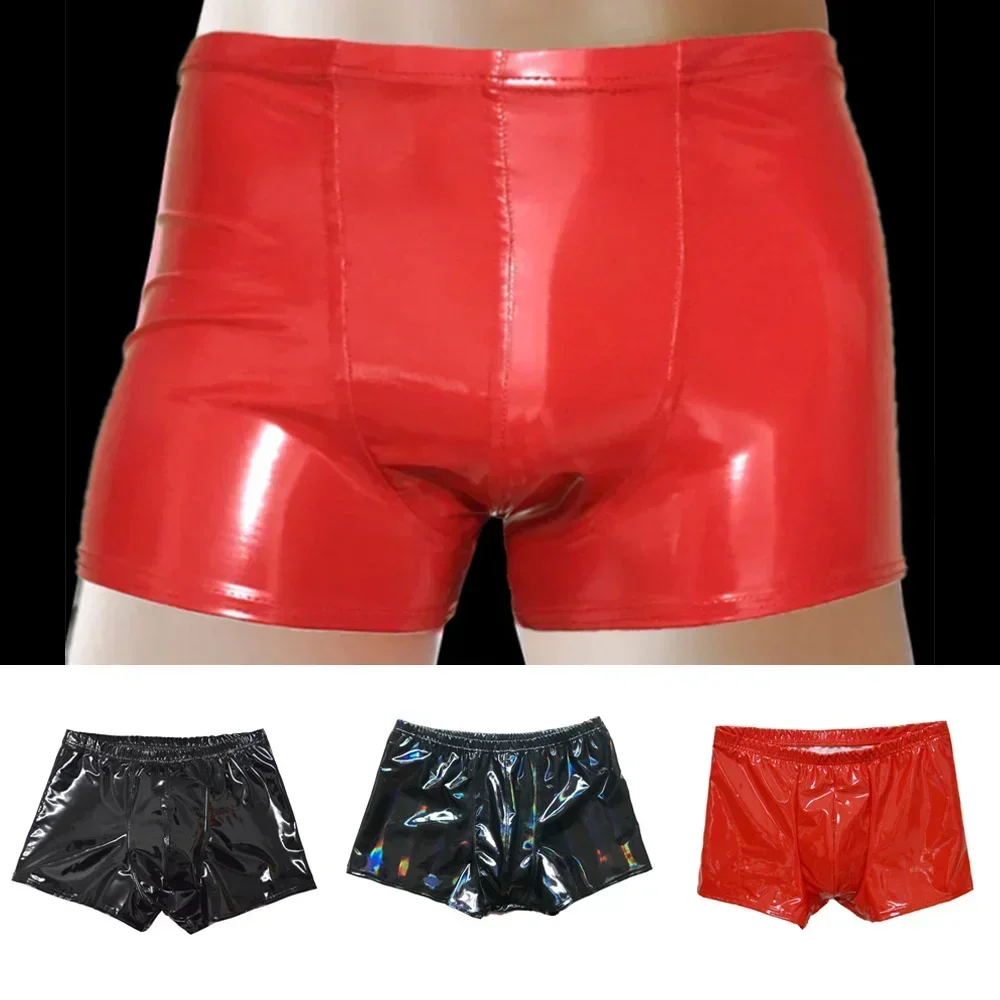 Boxershort erkekler şort kısa külot yüzük şık Wetlook lateks erkek Faux deri kısa iç çamaşırı boyutu L 4XL