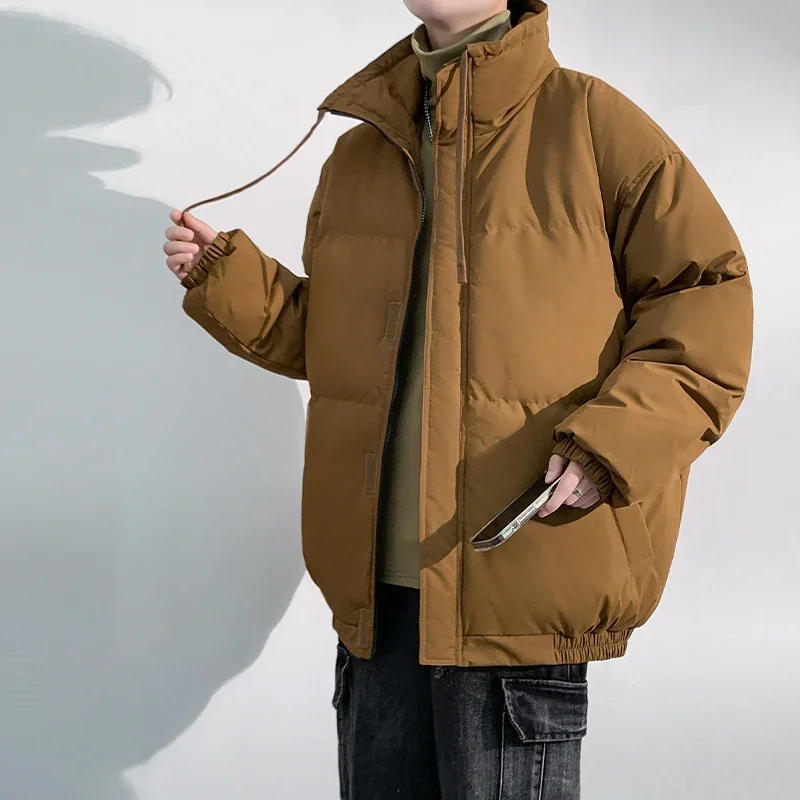 BROWON-parkas com colarinho em pé para homens, monocromático, com zíper, jaqueta quente larga masculina, moda casual diária, roupas masculinas, inverno, nova marca, 2024