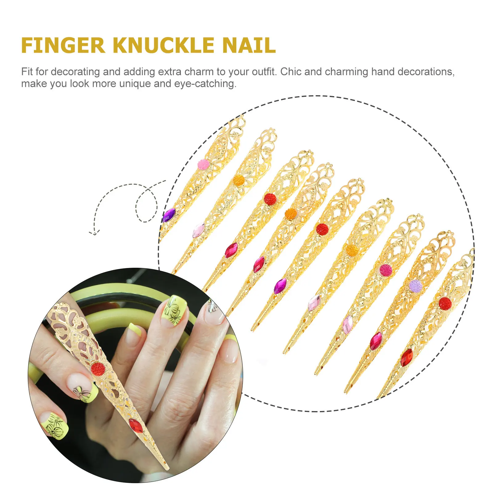 10Pcs Gold Rhinestone Finger Nail Tips Alloy Costume Accessories for Belly Dance Halloween Cosplay Performance Women Unique Eye
