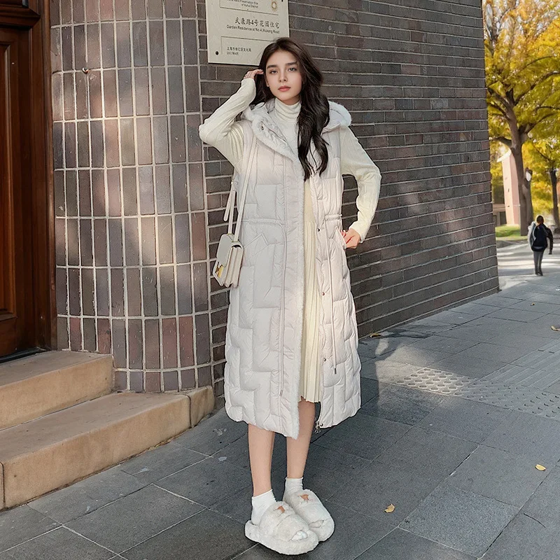 2024 New Long Parkas Vest for Women Autumn Winter Korean Fashion Sleeveless Hooded Down Cotton Jacket Thicken Warm Elegant Coat