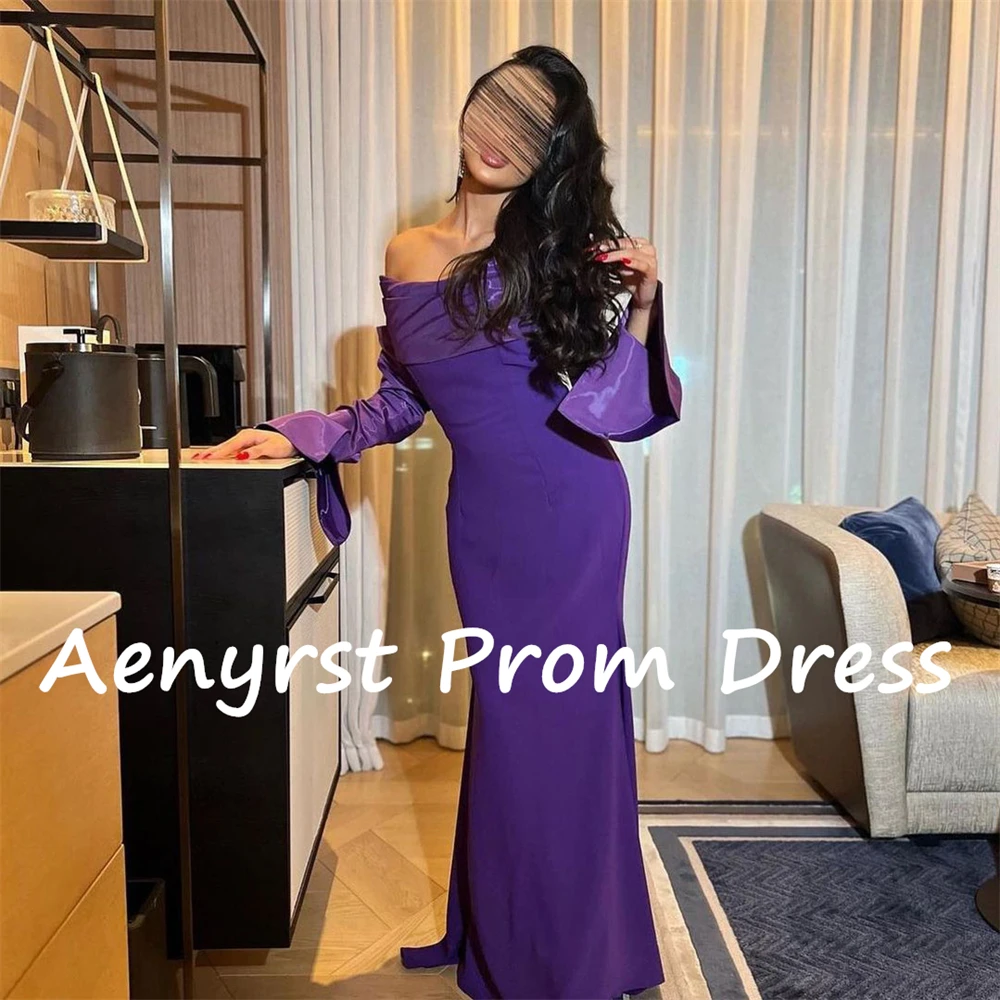 Aenyrst gaun Prom Saudi tanpa tali, gaun malam lengan panjang Satin duyung warna ungu, gaun acara Formal lantai