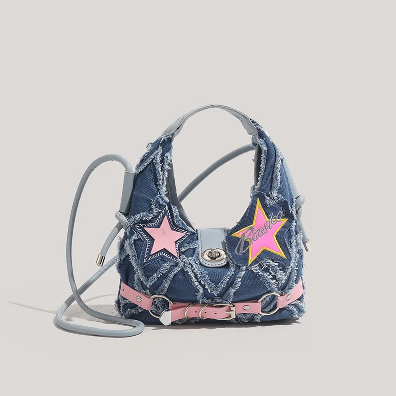 Bolso de mano para mujer, bolso de mano de alta calidad con forma de media luna, bolso cruzado vaquero versátil a la moda, nuevo bolso para niña