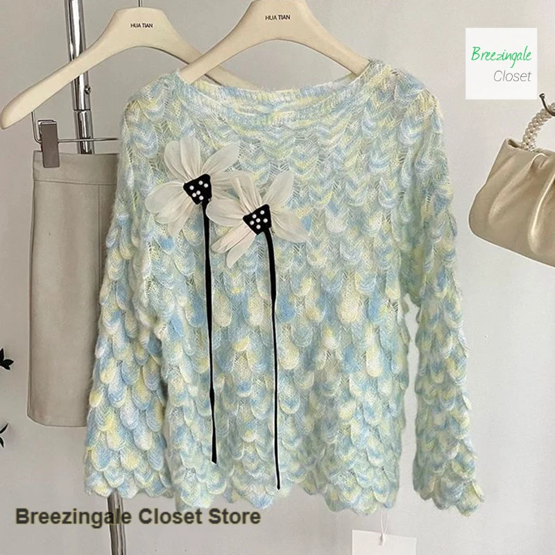 French lazy wind gradient sweater women's spring and autumn new loose western-style three-dimensional flower round neck pullover 2