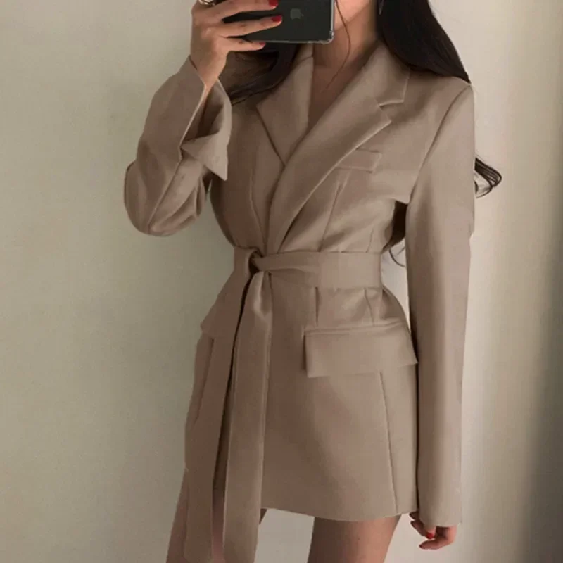 Women\'s Spring 2023 Fashion Blazer Slim Fit Business Blazer and New Tie Waist Jacket Retro Khaki Black Ladies Cardigan Tops