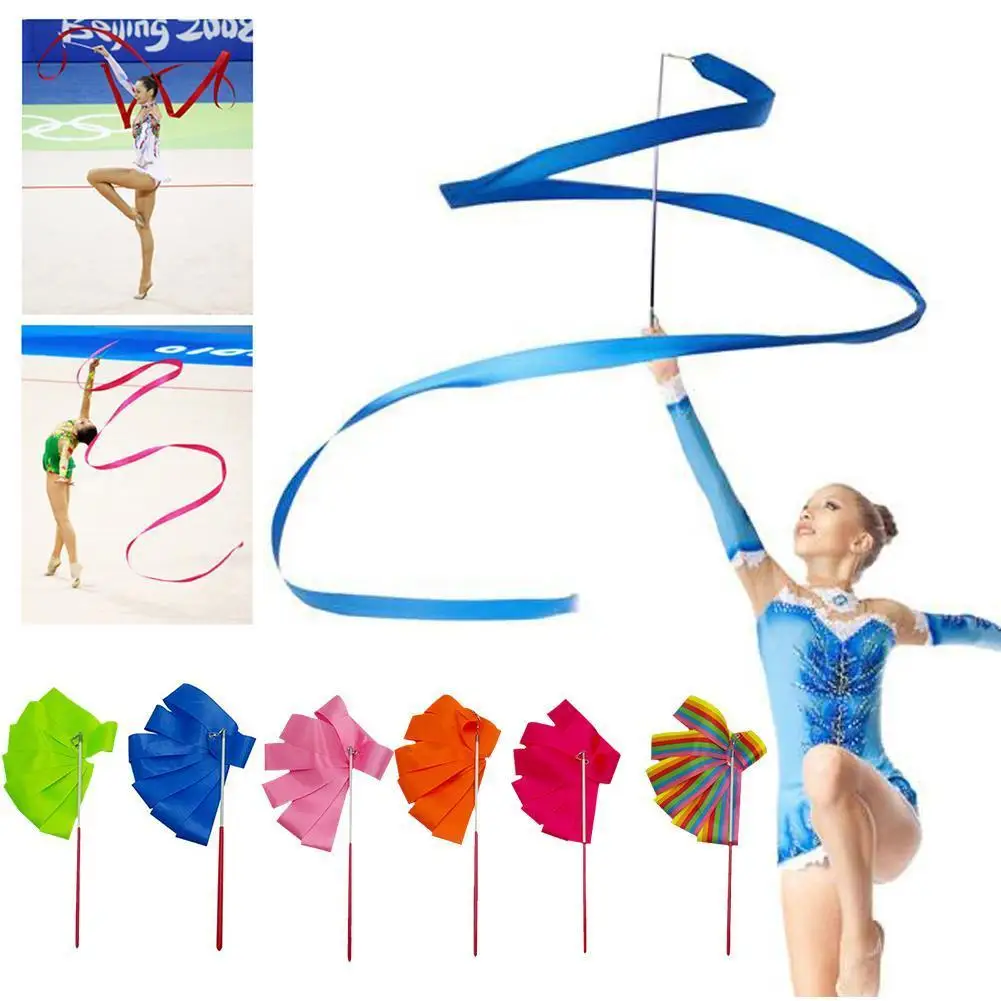 2M/4M Colorful Rythmic Gymnastics Ribbon Dance Ribbon Ballet Rhythmic Rod Gymnastic Training Art Twirling Stick Streamer Q8C9