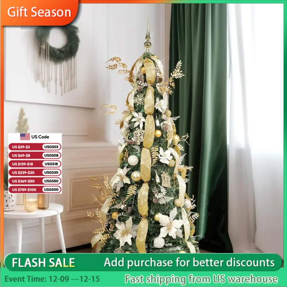 

6.5 FT Gold & White Pop-Up Christmas Tree, Pre-Lit and Fully Decorated,Fire-Resistant Collapsible Holiday Decor Christmas Trees.