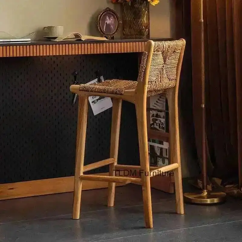

Solid Chairs Nordic Home Wood Rattan Bar Kitchen Island Dining Chair High Stool Designer Retro Back Stool European Bar Furniture