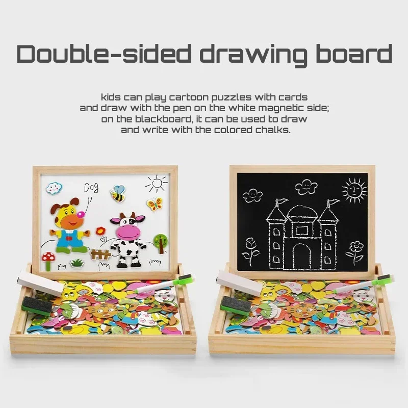 Montessori Creative Board,Wooden Magnetic Drawing Erase Board Animal Blackboard Learning Education Interactive Puzzle Toy