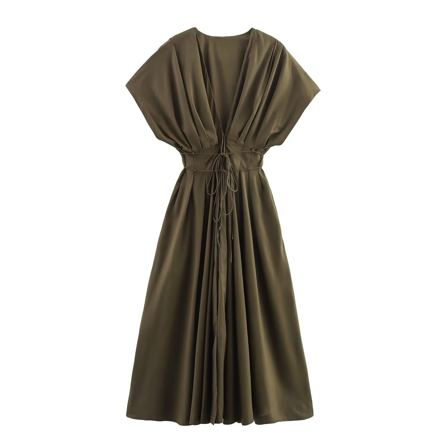 MYST&ZA2025 new summer women's casual fashion pleated drop shoulder short sleeve V-neck midi long dress