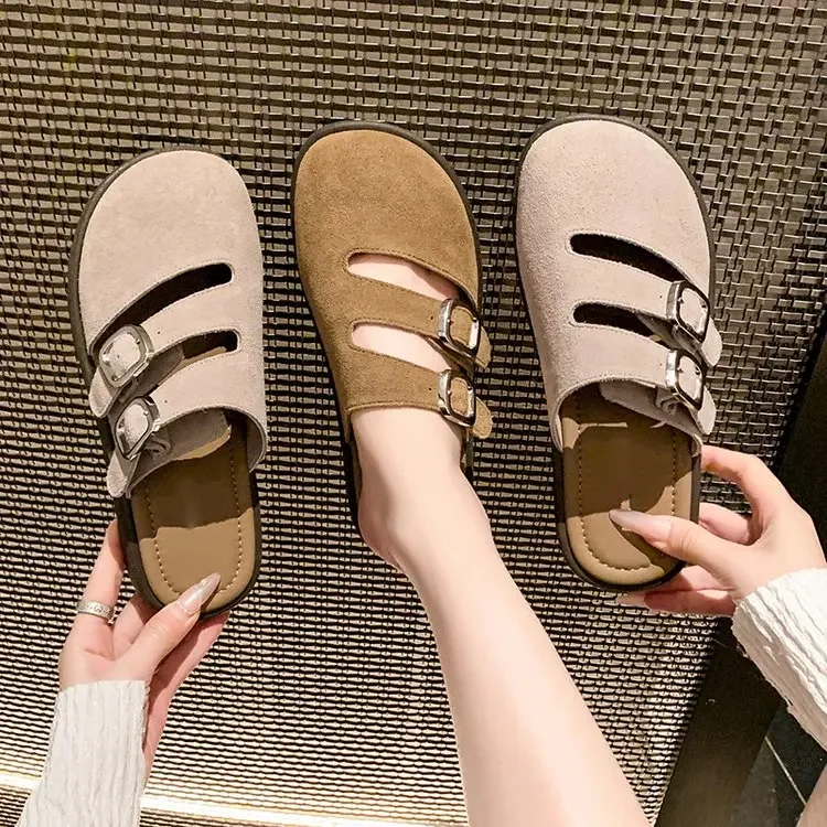 Baotou Slippers Women Spring New Fashion Light Comfortable Couple Slippers Female Retro Suede Solid Belt Buckle Women's Shoes