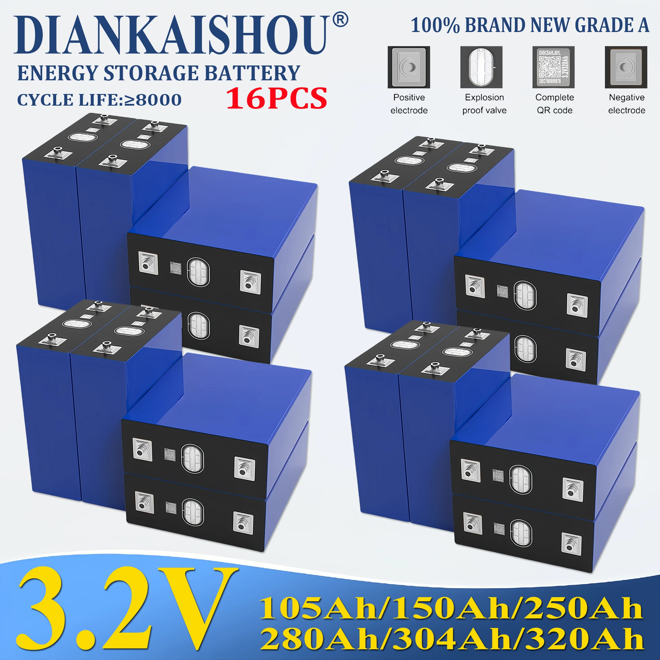 

3.2V 320Ah 105Ah 150Ah 250Ah 280Ah 304Ah Lifepo4 rechargeable battery DIY 12V 24V 48V RV solar storage golf cart battery pack