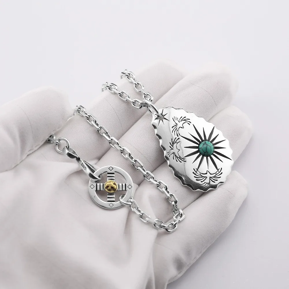 

Takahashi Goro's Goro Silver Feather Sun Pendant with Turquoise Tag Japanese-Style Unisex Necklace