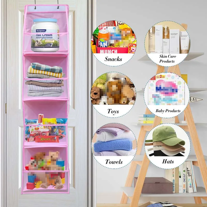 4 Layer Pink Storage Bag Foldable Hanging Organizers for Bathroom Behind The Door Snacks Toys Clothes Storage Holder Accessories