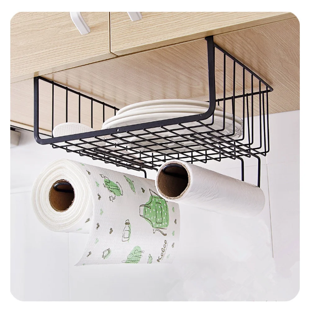 

Under Cabinet Shelf Steel Wire Black Kitchen Wardrobe Storage Rack Flat U-Shaped Hook Towel Holder Space Saving