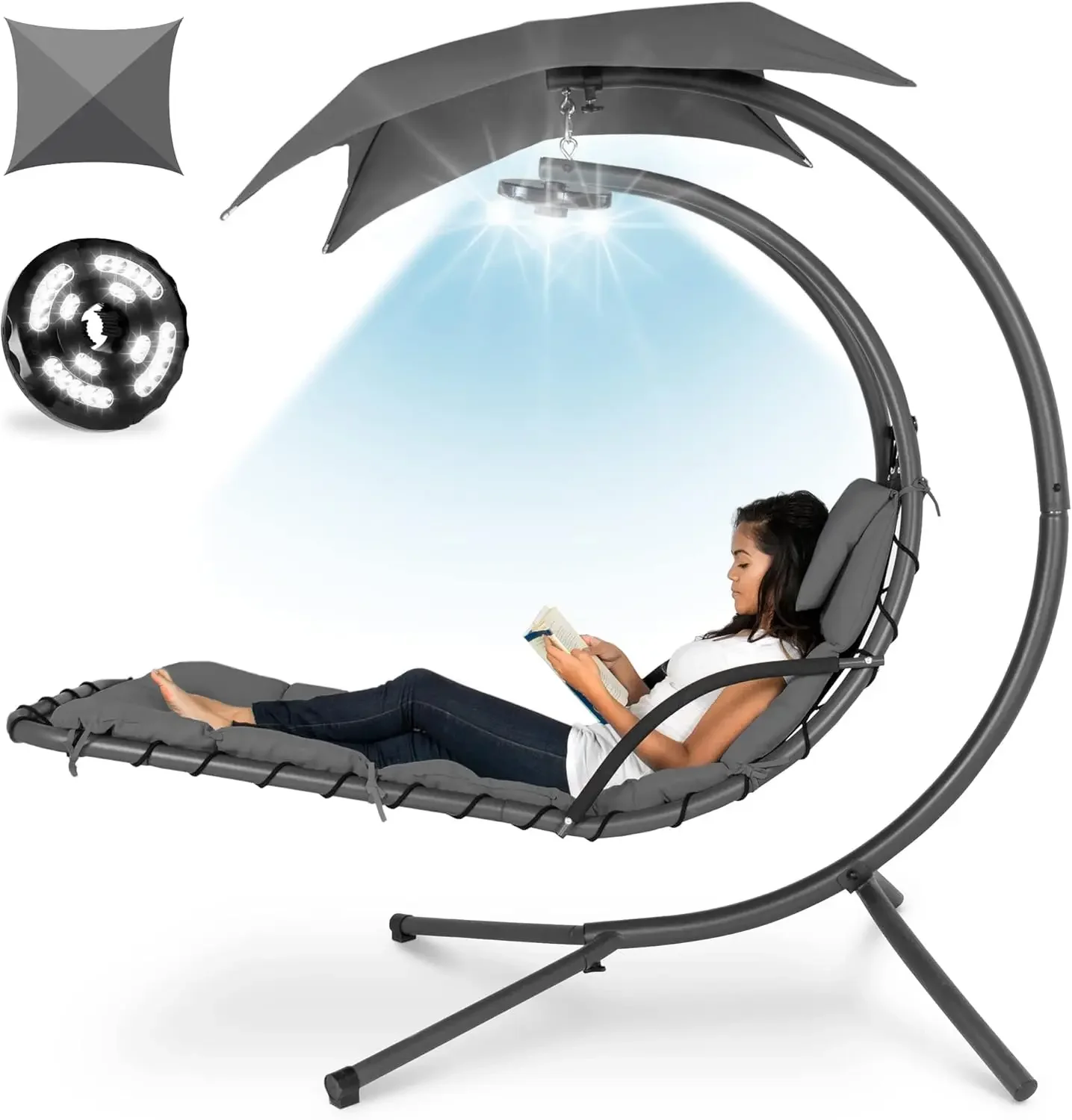 

Hanging LED-Lit Curved Chaise Lounge Chair Swing for Backyard, Patio, Lawn w/ 3 Light Settings, Weather-Resistant Pillow