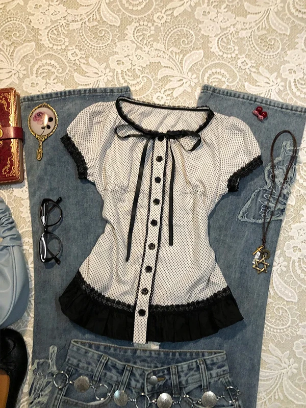 Оригинальный белый ор Све irt в горошек для женщин, винтажный летний топ из смеси хлопка Faion для поездок на работу, облегающий топ