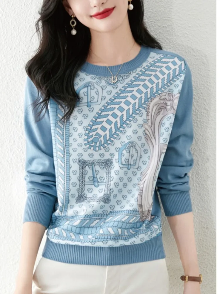 #3263 Blue Knitted Long Sleeve Split Joint Pullover Sweater Women Loose Vintage Printed Womens Sweaters Thin O-Neck France Style