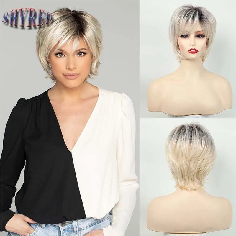 

Short Pixie Cut Gradient Blonde Synthetic Wigs Realistic Straight Fluffy Wig with Bangs for Women Daily Heat Resistant Hair