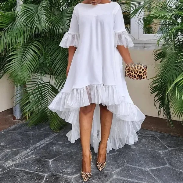 

Casual Lace Patchwork Dress Women Fashion Solid O-neck Irregular Dresses For Women 2024 Spring Summer Holiday Party Dress White