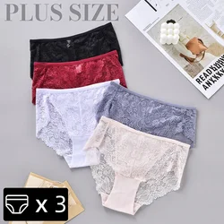 3Pcs Women's Plus Size Panties Lace Lingerie Solid Color Brief High Waisted Triangle Panty Brief Comfort Intimate 1-4XL Lingerie