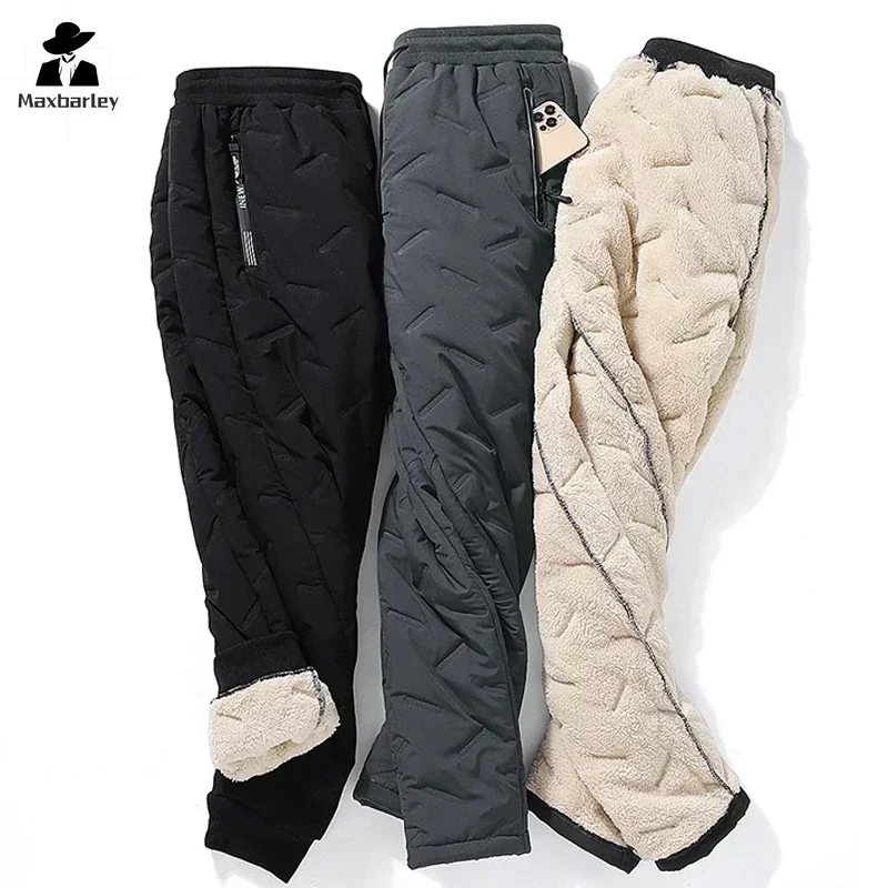 Inverno velo sweatpants homens corredores preto cinza zip bolsos engrossar para baixo algodão calças quentes masculino à prova de água calças térmicas esqui