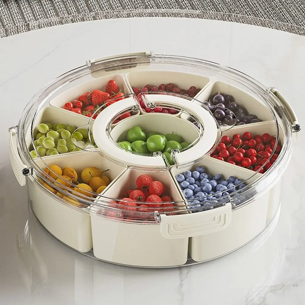 Plastic Divided Serving Tray 9 Girds Large Capacity Round Seasoning Fruit Box with Lid and Handle Sealed Fruit Snack Organizer