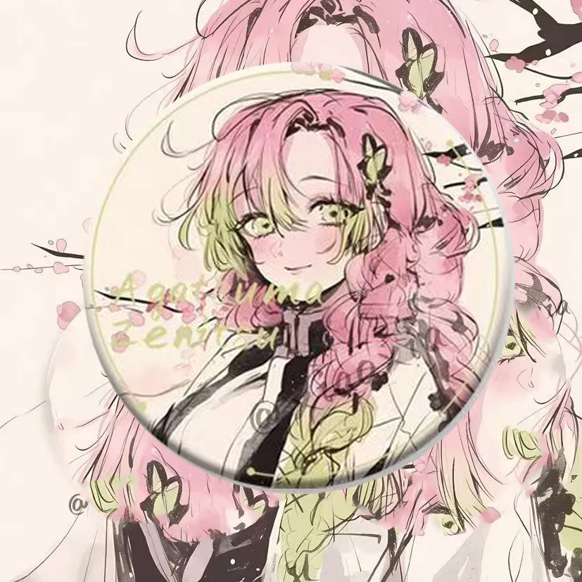 58mm Demon Slayer: Kimetsu no Yaiba Fan-made Ink Wash Style Anime Badge Rainbow Radiation Tinplate Brooch featuring Shinobu Ko view 3