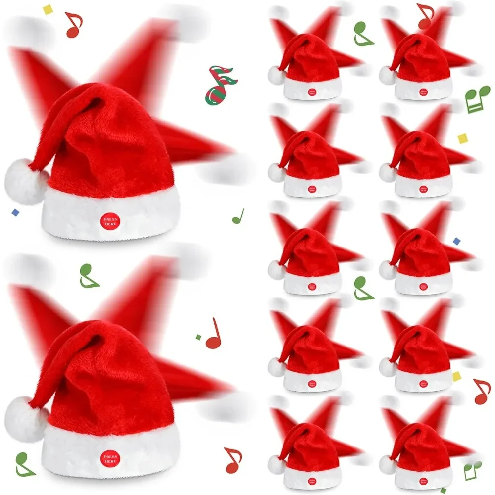 

12 Pcs Singing and Dancing Santa Hats - Funny Musical Christmas Hats for Holiday Fun