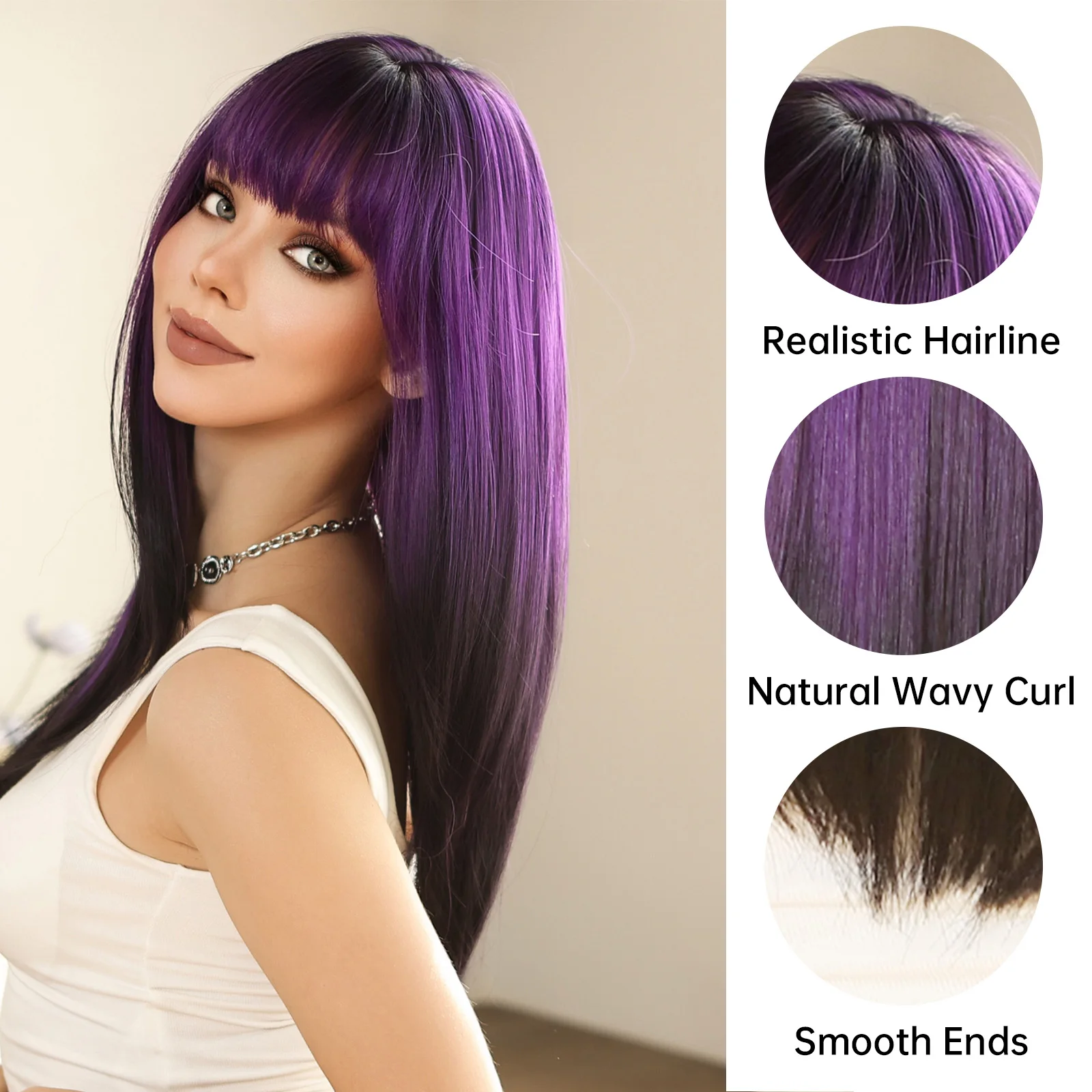 Straight Layered Synthetic Wigs Purple Black Ombre Wig with Bangs Middle Length Colored Cosplay Wig for Women Heat Resistant Wig